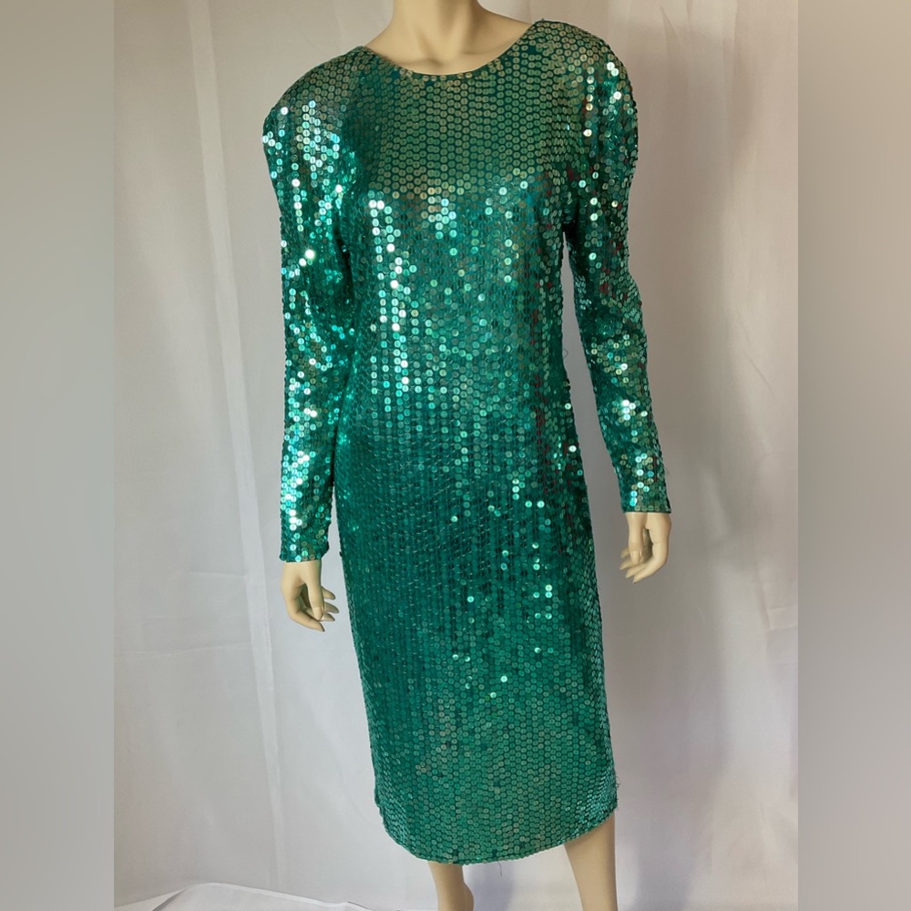 I magnin green sequined   Classic sheath evening dress size 12